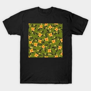 Retro Yellow flowers pattern on green T-Shirt